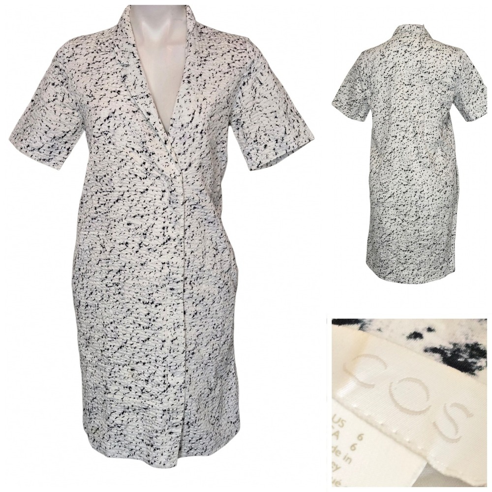 COS White Black Splatter Print Cotton Shift Dress Shawl Collar Pockets Size 6